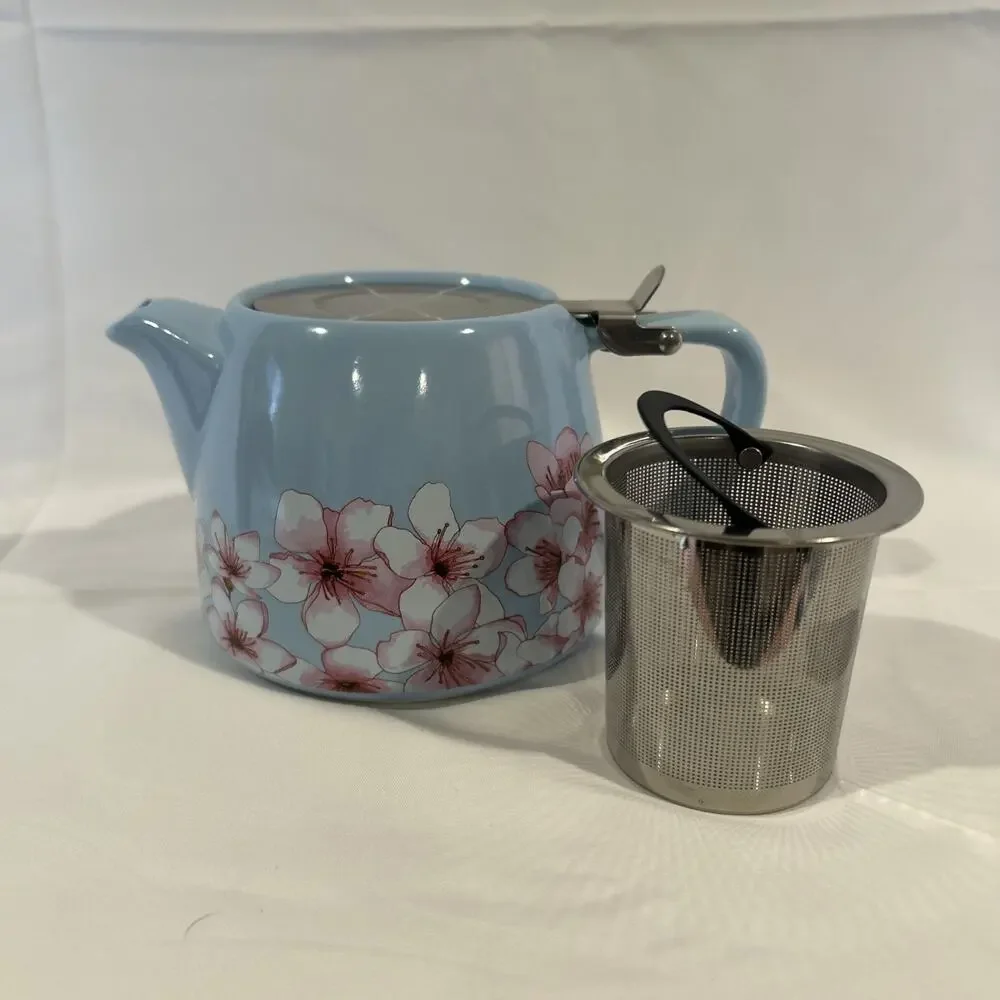 Teapot for One with Tea Infuser, Blue with Pink Flowers 16 ounce